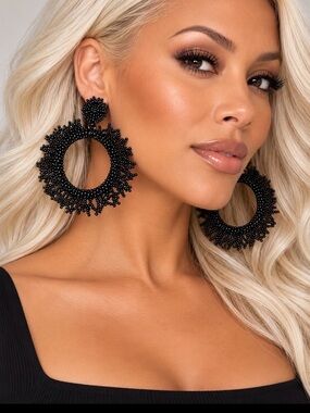 🖤 Black Beaded Fringe Hoop Earrings | Handmade Statement Earrings